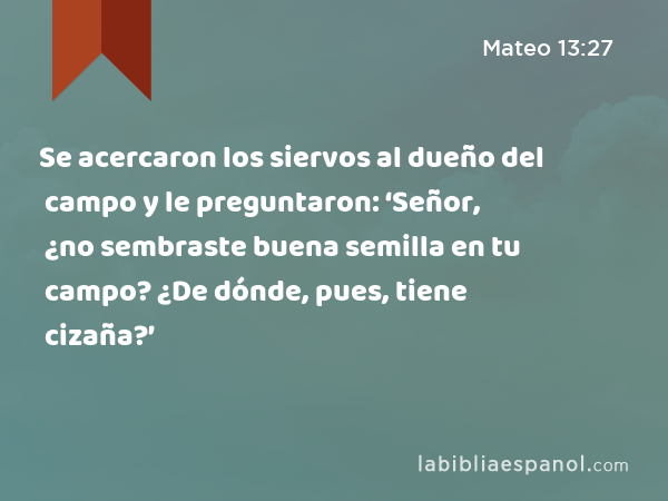 Se acercaron los siervos al dueño del campo y le preguntaron: ‘Señor, ¿no sembraste buena semilla en tu campo? ¿De dónde, pues, tiene cizaña?’ - Mateo 13:27