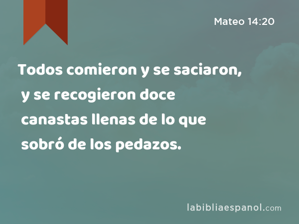 Todos comieron y se saciaron, y se recogieron doce canastas llenas de lo que sobró de los pedazos. - Mateo 14:20