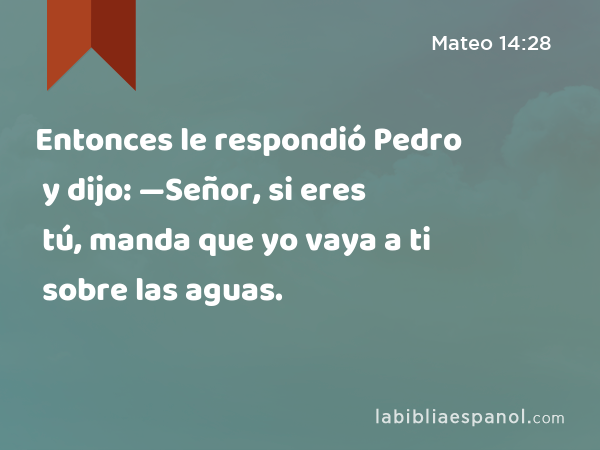 Entonces le respondió Pedro y dijo: —Señor, si eres tú, manda que yo vaya a ti sobre las aguas. - Mateo 14:28