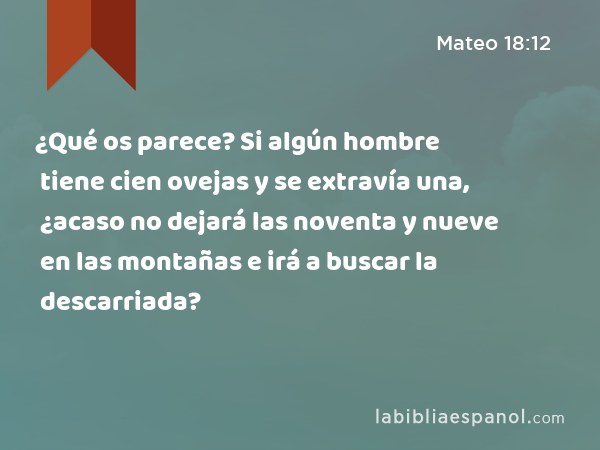 ¿Qué os parece? Si algún hombre tiene cien ovejas y se extravía una, ¿acaso no dejará las noventa y nueve en las montañas e irá a buscar la descarriada? - Mateo 18:12