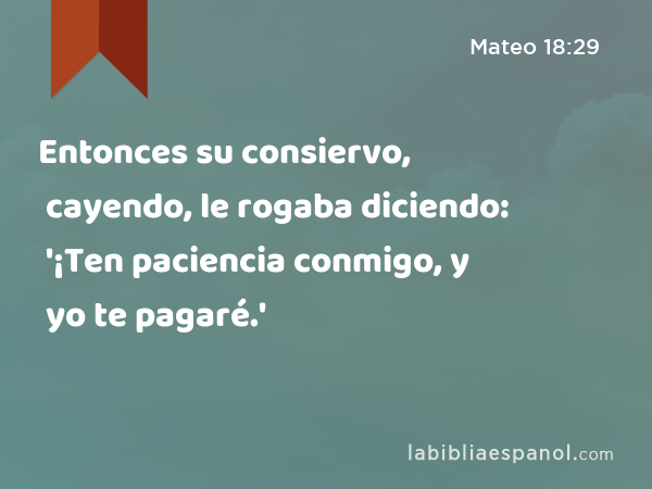 Entonces su consiervo, cayendo, le rogaba diciendo: '¡Ten paciencia conmigo, y yo te pagaré.' - Mateo 18:29