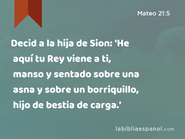 Decid a la hija de Sion: 'He aquí tu Rey viene a ti, manso y sentado sobre una asna y sobre un borriquillo, hijo de bestia de carga.' - Mateo 21:5