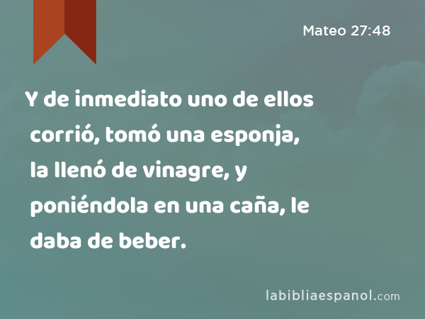 Y de inmediato uno de ellos corrió, tomó una esponja, la llenó de vinagre, y poniéndola en una caña, le daba de beber. - Mateo 27:48