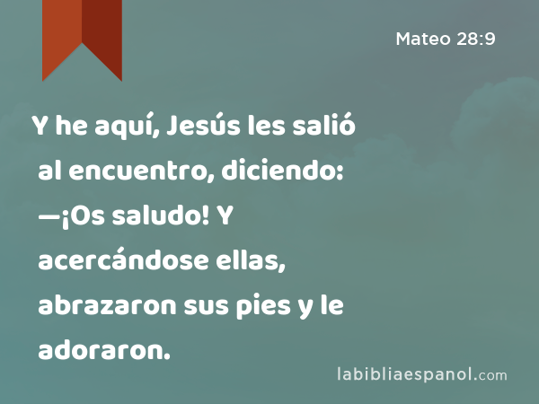 Y he aquí, Jesús les salió al encuentro, diciendo: —¡Os saludo! Y acercándose ellas, abrazaron sus pies y le adoraron. - Mateo 28:9