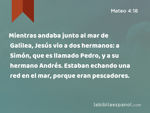 Mientras andaba junto al mar de Galilea, Jesús vio a dos hermanos: a Simón, que es llamado Pedro, y a su hermano Andrés. Estaban echando una red en el mar, porque eran pescadores. - Mateo 4:18