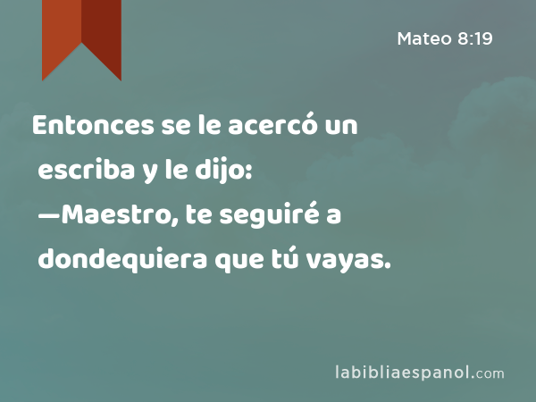 Entonces se le acercó un escriba y le dijo: —Maestro, te seguiré a dondequiera que tú vayas. - Mateo 8:19