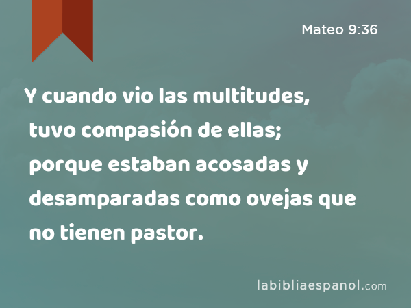 Y cuando vio las multitudes, tuvo compasión de ellas; porque estaban acosadas y desamparadas como ovejas que no tienen pastor. - Mateo 9:36