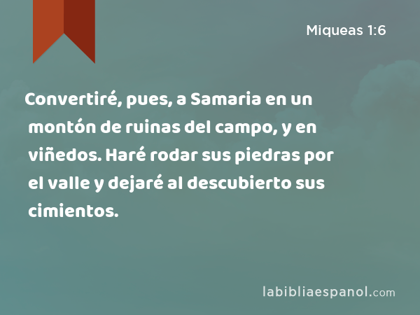 Convertiré, pues, a Samaria en un montón de ruinas del campo, y en viñedos. Haré rodar sus piedras por el valle y dejaré al descubierto sus cimientos. - Miqueas 1:6