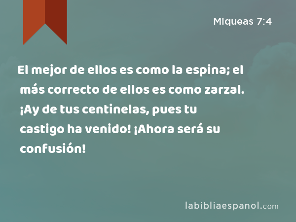 El mejor de ellos es como la espina; el más correcto de ellos es como zarzal. ¡Ay de tus centinelas, pues tu castigo ha venido! ¡Ahora será su confusión! - Miqueas 7:4