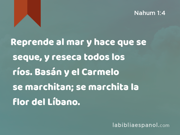 Reprende al mar y hace que se seque, y reseca todos los ríos. Basán y el Carmelo se marchitan; se marchita la flor del Líbano. - Nahum 1:4