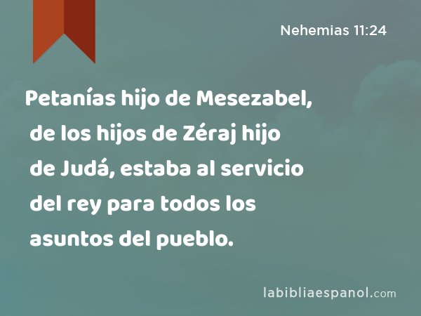 Petanías hijo de Mesezabel, de los hijos de Zéraj hijo de Judá, estaba al servicio del rey para todos los asuntos del pueblo. - Nehemias 11:24