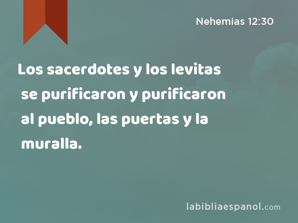 Los sacerdotes y los levitas se purificaron y purificaron al pueblo, las puertas y la muralla. - Nehemias 12:30