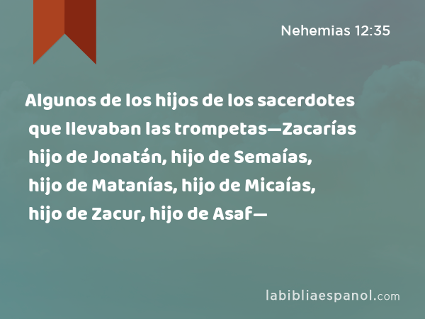 Algunos de los hijos de los sacerdotes que llevaban las trompetas—Zacarías hijo de Jonatán, hijo de Semaías, hijo de Matanías, hijo de Micaías, hijo de Zacur, hijo de Asaf— - Nehemias 12:35