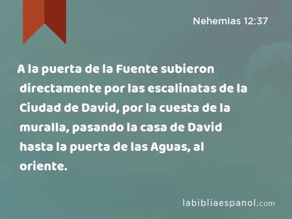 A la puerta de la Fuente subieron directamente por las escalinatas de la Ciudad de David, por la cuesta de la muralla, pasando la casa de David hasta la puerta de las Aguas, al oriente. - Nehemias 12:37