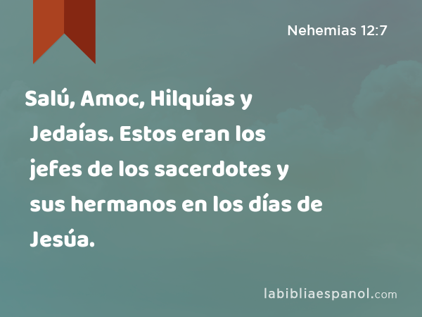 Salú, Amoc, Hilquías y Jedaías. Estos eran los jefes de los sacerdotes y sus hermanos en los días de Jesúa. - Nehemias 12:7