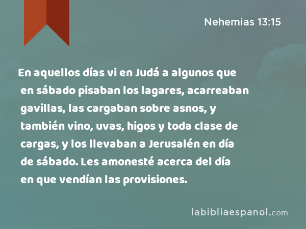 En aquellos días vi en Judá a algunos que en sábado pisaban los lagares, acarreaban gavillas, las cargaban sobre asnos, y también vino, uvas, higos y toda clase de cargas, y los llevaban a Jerusalén en día de sábado. Les amonesté acerca del día en que vendían las provisiones. - Nehemias 13:15