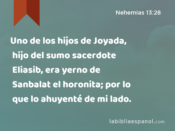 Uno de los hijos de Joyada, hijo del sumo sacerdote Eliasib, era yerno de Sanbalat el horonita; por lo que lo ahuyenté de mi lado. - Nehemias 13:28