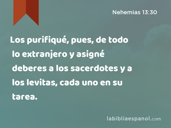 Los purifiqué, pues, de todo lo extranjero y asigné deberes a los sacerdotes y a los levitas, cada uno en su tarea. - Nehemias 13:30