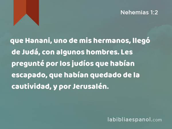 que Hanani, uno de mis hermanos, llegó de Judá, con algunos hombres. Les pregunté por los judíos que habían escapado, que habían quedado de la cautividad, y por Jerusalén. - Nehemias 1:2