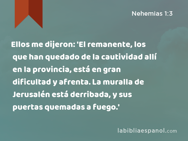 Ellos me dijeron: 'El remanente, los que han quedado de la cautividad allí en la provincia, está en gran dificultad y afrenta. La muralla de Jerusalén está derribada, y sus puertas quemadas a fuego.' - Nehemias 1:3