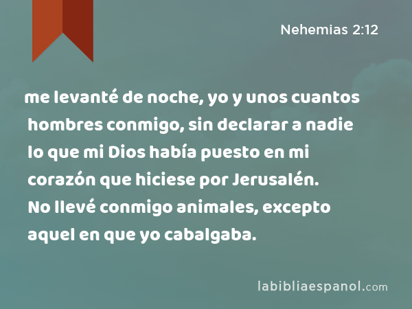 me levanté de noche, yo y unos cuantos hombres conmigo, sin declarar a nadie lo que mi Dios había puesto en mi corazón que hiciese por Jerusalén. No llevé conmigo animales, excepto aquel en que yo cabalgaba. - Nehemias 2:12