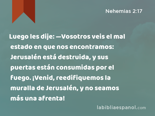 Luego les dije: —Vosotros veis el mal estado en que nos encontramos: Jerusalén está destruida, y sus puertas están consumidas por el fuego. ¡Venid, reedifiquemos la muralla de Jerusalén, y no seamos más una afrenta! - Nehemias 2:17