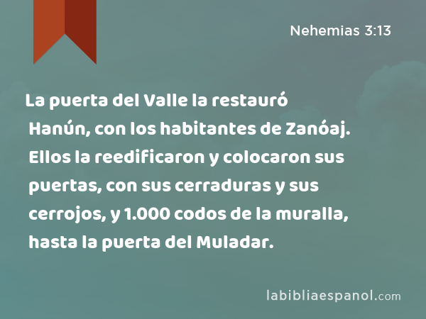 La puerta del Valle la restauró Hanún, con los habitantes de Zanóaj. Ellos la reedificaron y colocaron sus puertas, con sus cerraduras y sus cerrojos, y 1.000 codos de la muralla, hasta la puerta del Muladar. - Nehemias 3:13