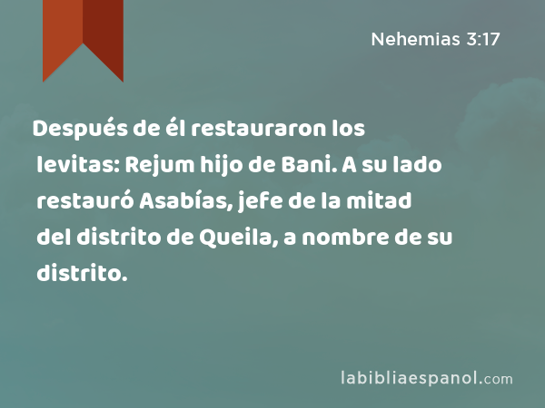 Después de él restauraron los levitas: Rejum hijo de Bani. A su lado restauró Asabías, jefe de la mitad del distrito de Queila, a nombre de su distrito. - Nehemias 3:17