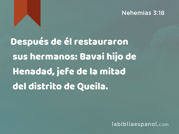 Después de él restauraron sus hermanos: Bavai hijo de Henadad, jefe de la mitad del distrito de Queila. - Nehemias 3:18