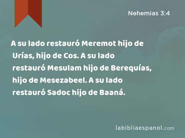 A su lado restauró Meremot hijo de Urías, hijo de Cos. A su lado restauró Mesulam hijo de Berequías, hijo de Mesezabeel. A su lado restauró Sadoc hijo de Baaná. - Nehemias 3:4