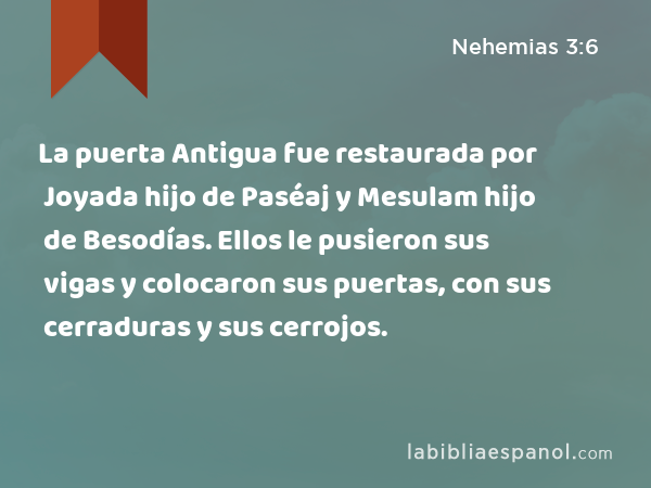 La puerta Antigua fue restaurada por Joyada hijo de Paséaj y Mesulam hijo de Besodías. Ellos le pusieron sus vigas y colocaron sus puertas, con sus cerraduras y sus cerrojos. - Nehemias 3:6