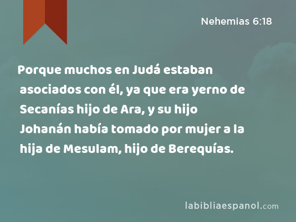 Porque muchos en Judá estaban asociados con él, ya que era yerno de Secanías hijo de Ara, y su hijo Johanán había tomado por mujer a la hija de Mesulam, hijo de Berequías. - Nehemias 6:18