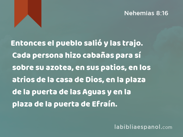 Entonces el pueblo salió y las trajo. Cada persona hizo cabañas para sí sobre su azotea, en sus patios, en los atrios de la casa de Dios, en la plaza de la puerta de las Aguas y en la plaza de la puerta de Efraín. - Nehemias 8:16