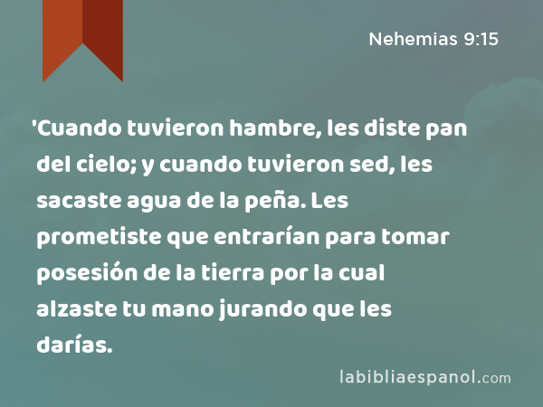 'Cuando tuvieron hambre, les diste pan del cielo; y cuando tuvieron sed, les sacaste agua de la peña. Les prometiste que entrarían para tomar posesión de la tierra por la cual alzaste tu mano jurando que les darías. - Nehemias 9:15