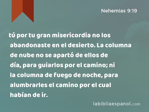 tú por tu gran misericordia no los abandonaste en el desierto. La columna de nube no se apartó de ellos de día, para guiarlos por el camino; ni la columna de fuego de noche, para alumbrarles el camino por el cual habían de ir. - Nehemias 9:19