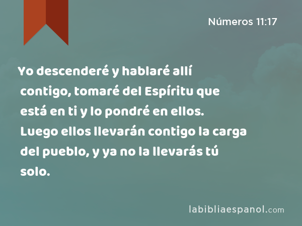 Yo descenderé y hablaré allí contigo, tomaré del Espíritu que está en ti y lo pondré en ellos. Luego ellos llevarán contigo la carga del pueblo, y ya no la llevarás tú solo. - Números 11:17