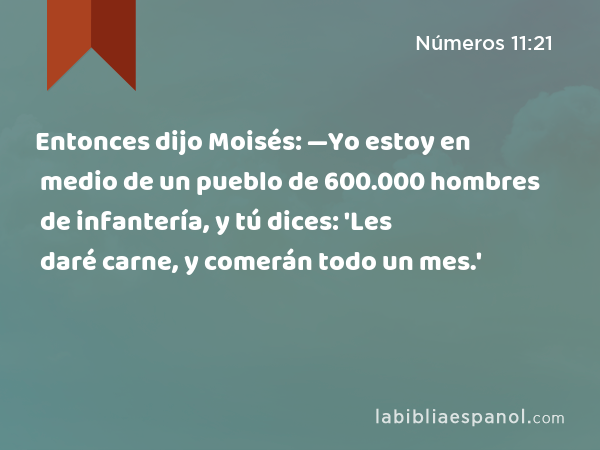 Entonces dijo Moisés: —Yo estoy en medio de un pueblo de 600.000 hombres de infantería, y tú dices: 'Les daré carne, y comerán todo un mes.' - Números 11:21