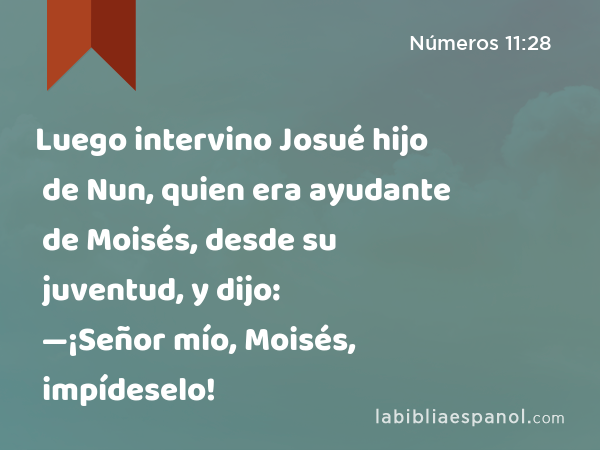Luego intervino Josué hijo de Nun, quien era ayudante de Moisés, desde su juventud, y dijo: —¡Señor mío, Moisés, impídeselo! - Números 11:28