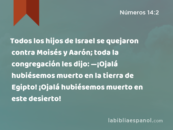 Todos los hijos de Israel se quejaron contra Moisés y Aarón; toda la congregación les dijo: —¡Ojalá hubiésemos muerto en la tierra de Egipto! ¡Ojalá hubiésemos muerto en este desierto! - Números 14:2