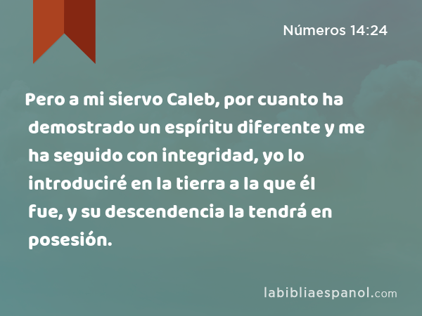 Pero a mi siervo Caleb, por cuanto ha demostrado un espíritu diferente y me ha seguido con integridad, yo lo introduciré en la tierra a la que él fue, y su descendencia la tendrá en posesión. - Números 14:24