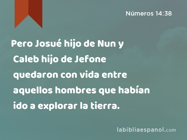 Pero Josué hijo de Nun y Caleb hijo de Jefone quedaron con vida entre aquellos hombres que habían ido a explorar la tierra. - Números 14:38