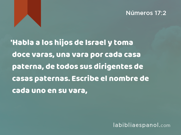 'Habla a los hijos de Israel y toma doce varas, una vara por cada casa paterna, de todos sus dirigentes de casas paternas. Escribe el nombre de cada uno en su vara, - Números 17:2