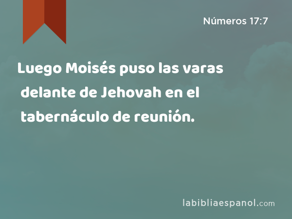 Luego Moisés puso las varas delante de Jehovah en el tabernáculo de reunión. - Números 17:7