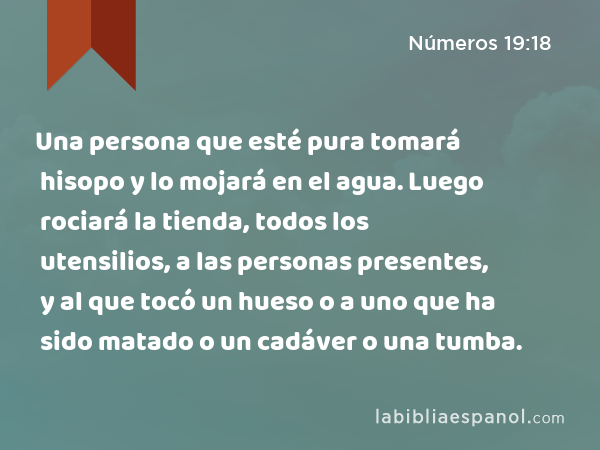 Una persona que esté pura tomará hisopo y lo mojará en el agua. Luego rociará la tienda, todos los utensilios, a las personas presentes, y al que tocó un hueso o a uno que ha sido matado o un cadáver o una tumba. - Números 19:18