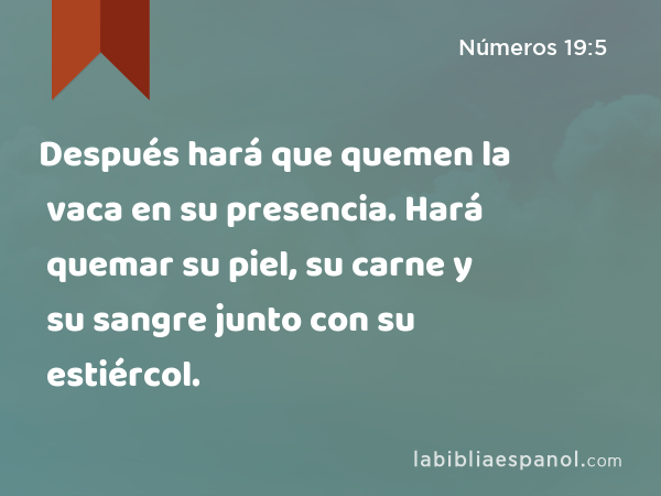 Después hará que quemen la vaca en su presencia. Hará quemar su piel, su carne y su sangre junto con su estiércol. - Números 19:5