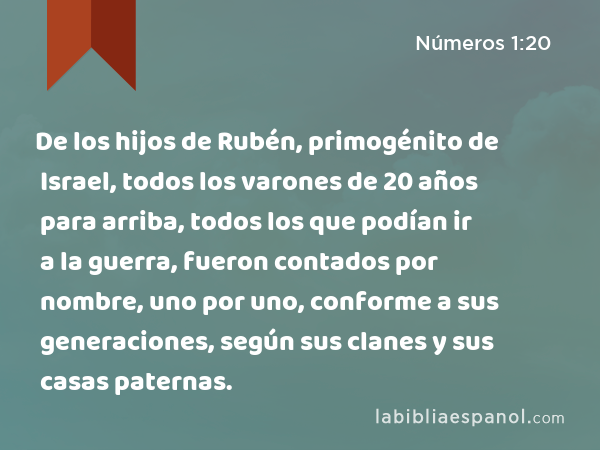 De los hijos de Rubén, primogénito de Israel, todos los varones de 20 años para arriba, todos los que podían ir a la guerra, fueron contados por nombre, uno por uno, conforme a sus generaciones, según sus clanes y sus casas paternas. - Números 1:20