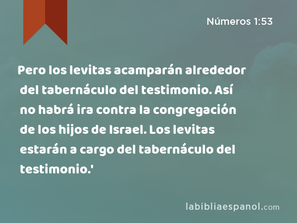 Pero los levitas acamparán alrededor del tabernáculo del testimonio. Así no habrá ira contra la congregación de los hijos de Israel. Los levitas estarán a cargo del tabernáculo del testimonio.' - Números 1:53