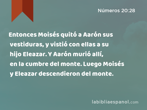 Entonces Moisés quitó a Aarón sus vestiduras, y vistió con ellas a su hijo Eleazar. Y Aarón murió allí, en la cumbre del monte. Luego Moisés y Eleazar descendieron del monte. - Números 20:28
