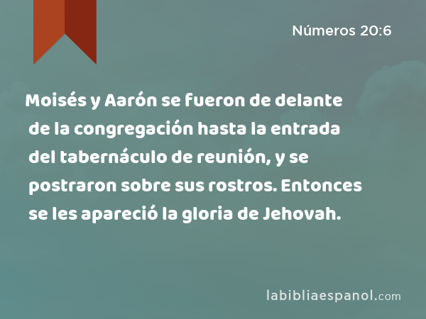 Moisés y Aarón se fueron de delante de la congregación hasta la entrada del tabernáculo de reunión, y se postraron sobre sus rostros. Entonces se les apareció la gloria de Jehovah. - Números 20:6