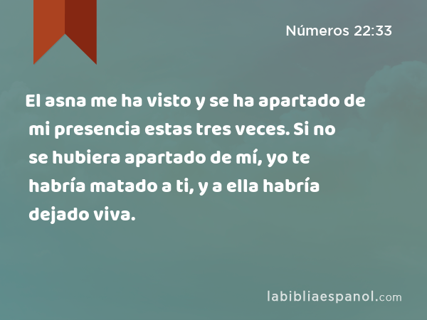 El asna me ha visto y se ha apartado de mi presencia estas tres veces. Si no se hubiera apartado de mí, yo te habría matado a ti, y a ella habría dejado viva. - Números 22:33